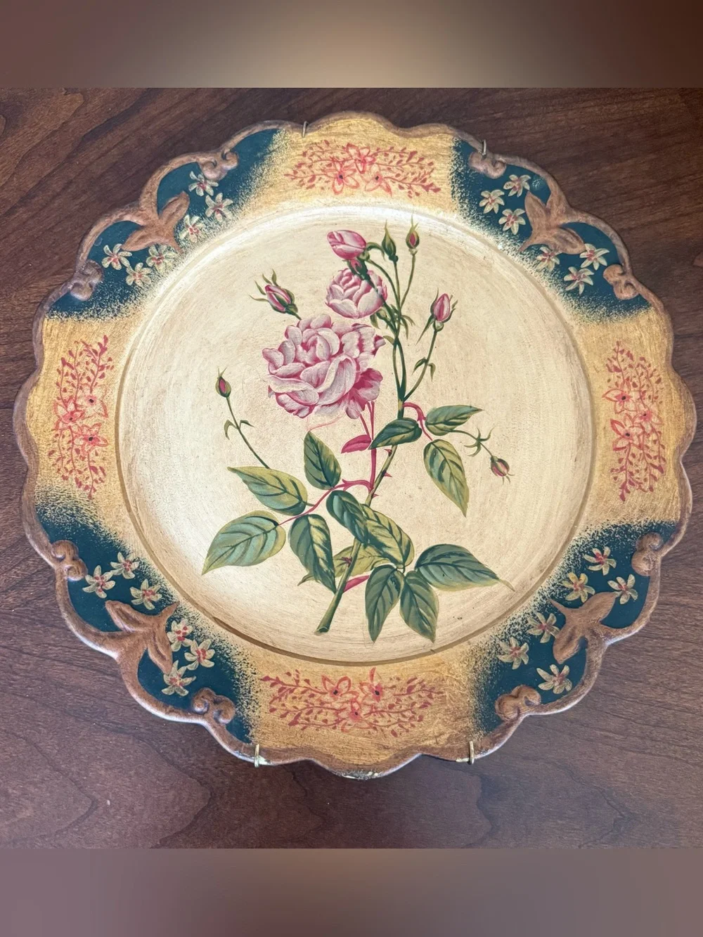 3 VTG Victorian-Style Hand Painted Scalloped 12” Plates Wall Hanging Roses